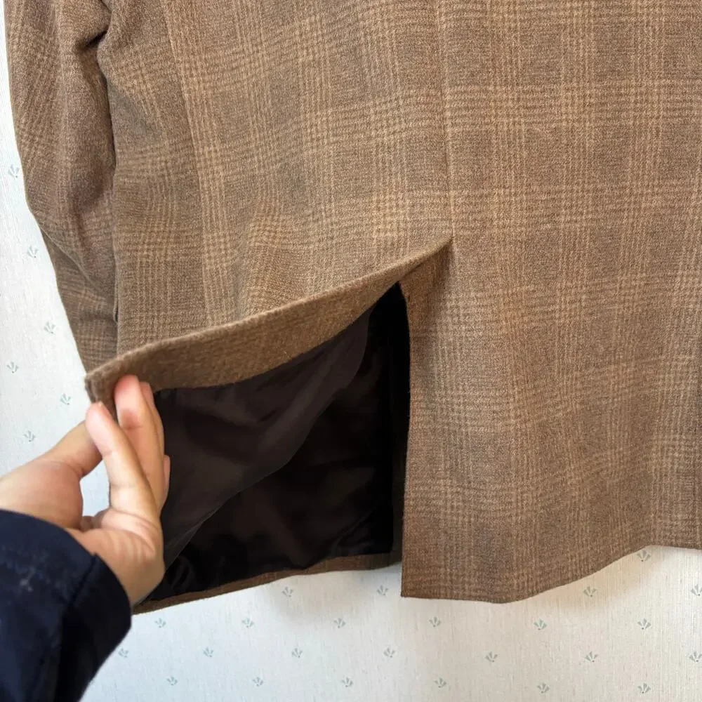 Jos a Bank 100% Camel Hair Sport Coat Size 46L Glen Plaid Brown Travel Business